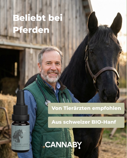 A split-view ad featuring a veterinarian with a horse, paired with a product shot and authority-focused text overlays in German.